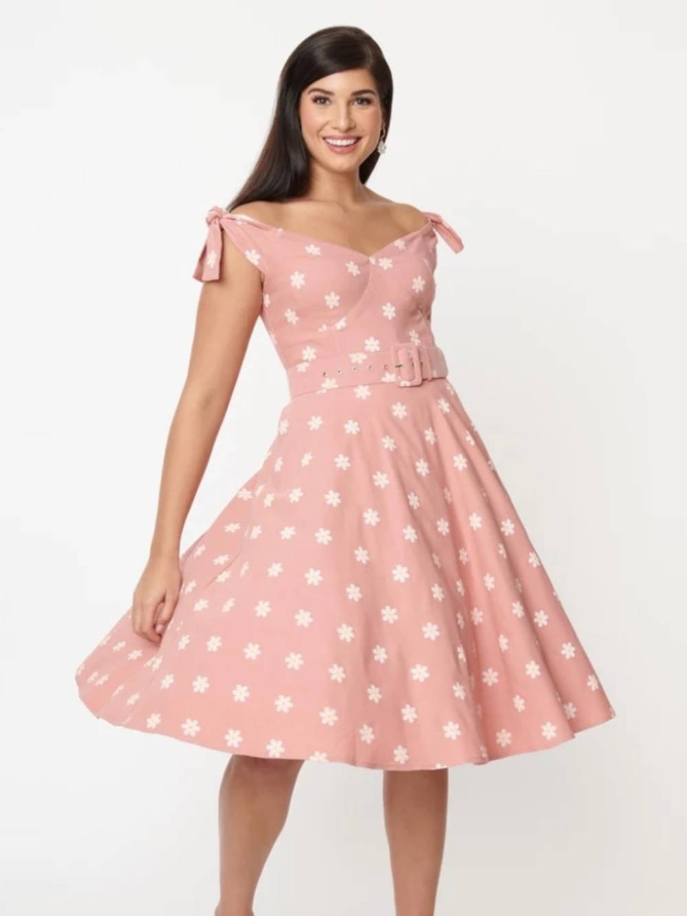 Unique Vintage 50s Prairie Daisy Swing Dress in Powder Pink, Small, Like neW